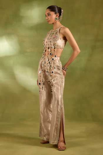 Neha Khullar_Ivory Tissue Halter Neck Embroidered Top And Pant Set _Online_at_Aza_Fashions