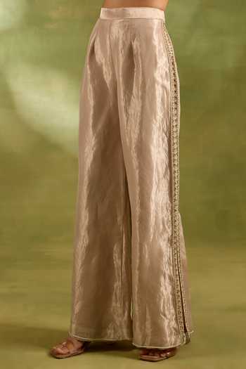 Buy_Neha Khullar_Ivory Tissue Halter Neck Embroidered Top And Pant Set _Online_at_Aza_Fashions
