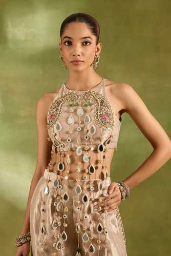 Shop_Neha Khullar_Ivory Tissue Halter Neck Embroidered Top And Pant Set _Online_at_Aza_Fashions