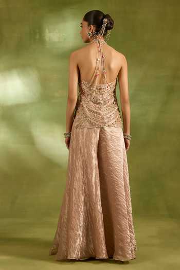Neha Khullar_Pink Organza, Crepe, Tissue, Brocade Halter Embroidered Short Kurta Sharara Set _Online_at_Aza_Fashions