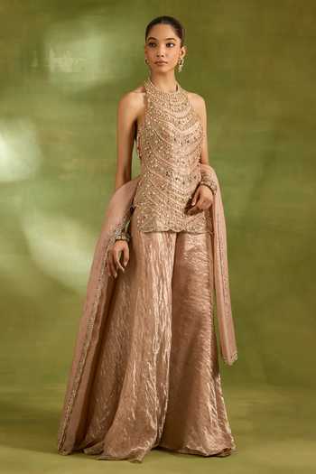 Buy_Neha Khullar_Pink Organza, Crepe, Tissue, Brocade Halter Embroidered Short Kurta Sharara Set _Online_at_Aza_Fashions