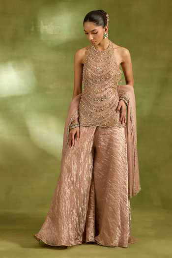 Buy_Neha Khullar_Pink Organza, Crepe, Tissue, Brocade Halter Embroidered Short Kurta Sharara Set _at_Aza_Fashions