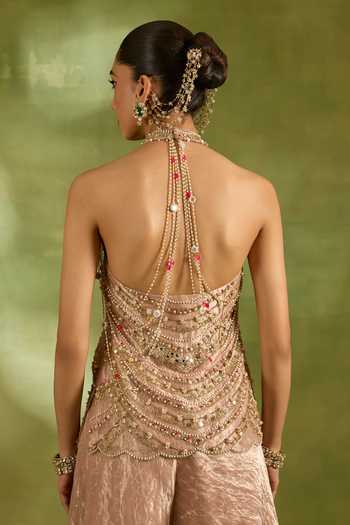 Neha Khullar_Pink Organza, Crepe, Tissue, Brocade Halter Embroidered Short Kurta Sharara Set _at_Aza_Fashions