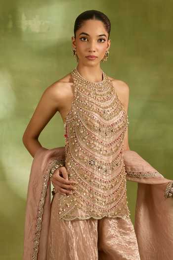 Buy_Neha Khullar_Pink Organza, Crepe, Tissue, Brocade Halter Embroidered Short Kurta Sharara Set 