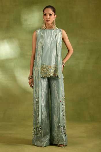 Buy_Neha Khullar_Green Tissue Round Neck Embroidered Jacket And Kurta Set _at_Aza_Fashions