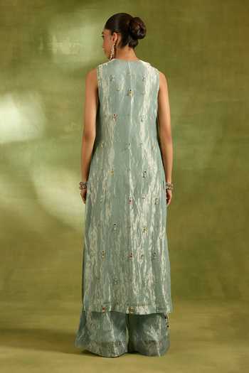 Shop_Neha Khullar_Green Tissue Round Neck Embroidered Jacket And Kurta Set _at_Aza_Fashions