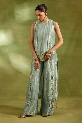Neha Khullar_Green Tissue Round Neck Embroidered Jacket And Kurta Set _Online_at_Aza_Fashions