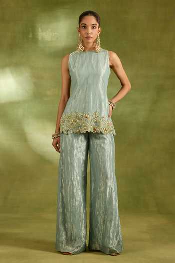 Buy_Neha Khullar_Green Tissue Round Neck Embroidered Jacket And Kurta Set _Online_at_Aza_Fashions