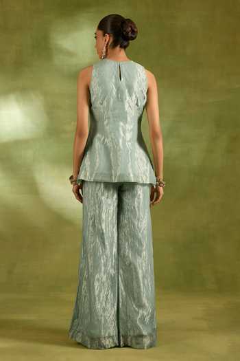 Shop_Neha Khullar_Green Tissue Round Neck Embroidered Jacket And Kurta Set _Online_at_Aza_Fashions