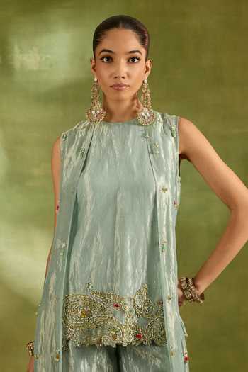 Neha Khullar_Green Tissue Round Neck Embroidered Jacket And Kurta Set _at_Aza_Fashions