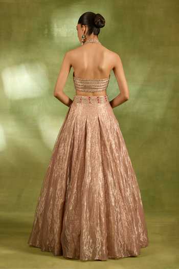 Neha Khullar_Pink Crepe, Tissue, Brocade Halter Neck Crystal Work Blouse With Lehenga _Online_at_Aza_Fashions
