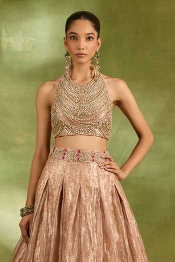 Buy_Neha Khullar_Pink Crepe, Tissue, Brocade Halter Neck Crystal Work Blouse With Lehenga _Online_at_Aza_Fashions