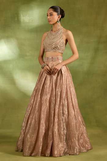 Shop_Neha Khullar_Pink Crepe, Tissue, Brocade Halter Neck Crystal Work Blouse With Lehenga _Online_at_Aza_Fashions