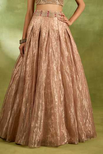 Neha Khullar_Pink Crepe, Tissue, Brocade Halter Neck Crystal Work Blouse With Lehenga _at_Aza_Fashions