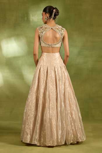 Shop_Neha Khullar_Ivory Tissue, Brocade Sweetheart Neck Embroidered Blouse Lehenga Set _at_Aza_Fashions