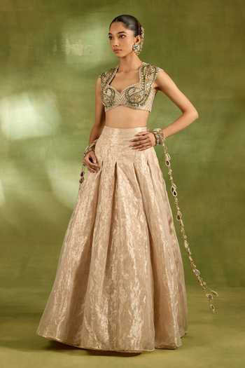 Neha Khullar_Ivory Tissue, Brocade Sweetheart Neck Embroidered Blouse Lehenga Set _Online_at_Aza_Fashions