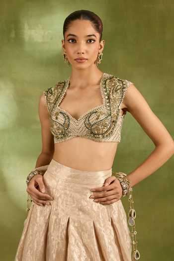 Buy_Neha Khullar_Ivory Tissue, Brocade Sweetheart Neck Embroidered Blouse Lehenga Set _Online_at_Aza_Fashions