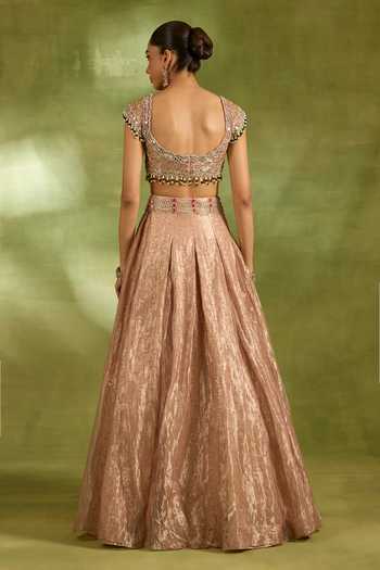 Shop_Neha Khullar_Pink Organza, Crepe, Tissue, Brocade Sweetheart Neck Embellished Lehenga Set _at_Aza_Fashions