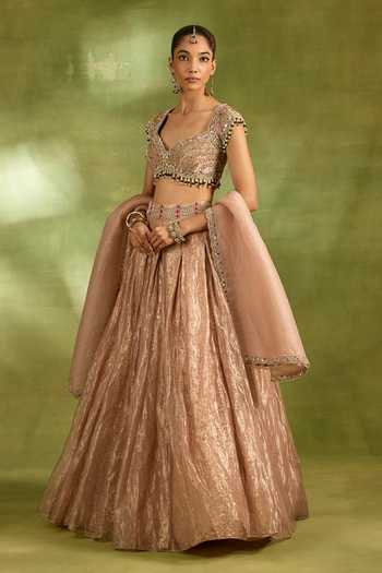 Neha Khullar_Pink Organza, Crepe, Tissue, Brocade Sweetheart Neck Embellished Lehenga Set _Online_at_Aza_Fashions
