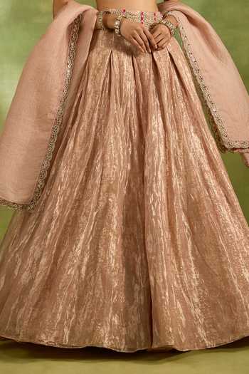 Buy_Neha Khullar_Pink Organza, Crepe, Tissue, Brocade Sweetheart Neck Embellished Lehenga Set _Online_at_Aza_Fashions