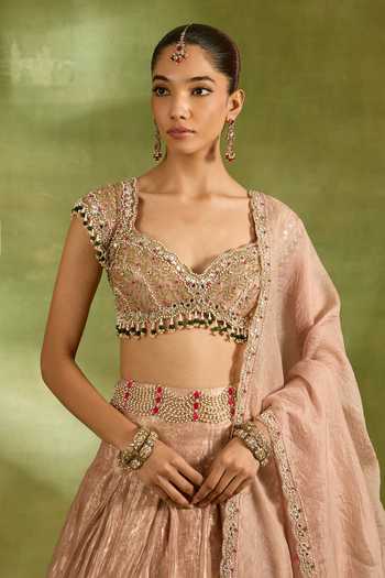 Shop_Neha Khullar_Pink Organza, Crepe, Tissue, Brocade Sweetheart Neck Embellished Lehenga Set _Online_at_Aza_Fashions