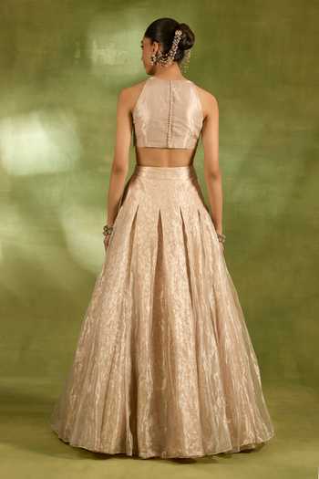 Neha Khullar_Ivory Crepe, Tissue, Brocade Halter Neck Zari Work Blouse And Lehenga Set _Online_at_Aza_Fashions
