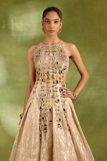 Buy_Neha Khullar_Ivory Crepe, Tissue, Brocade Halter Neck Zari Work Blouse And Lehenga Set _Online_at_Aza_Fashions