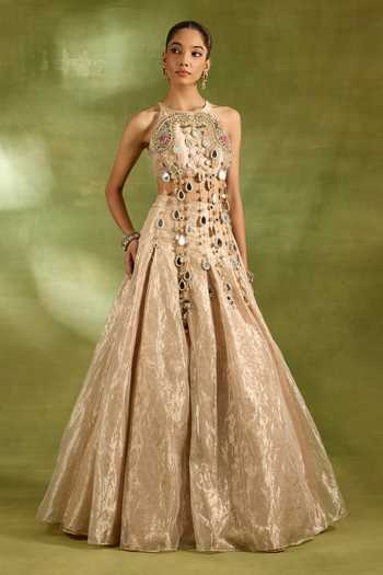 Shop_Neha Khullar_Ivory Crepe, Tissue, Brocade Halter Neck Zari Work Blouse And Lehenga Set _Online_at_Aza_Fashions