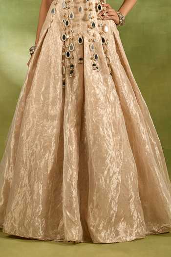 Neha Khullar_Ivory Crepe, Tissue, Brocade Halter Neck Zari Work Blouse And Lehenga Set _at_Aza_Fashions