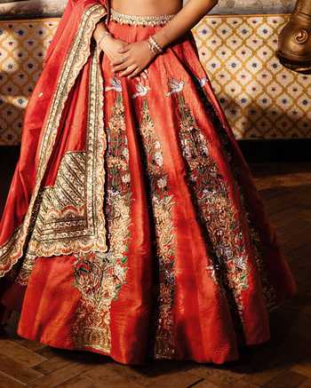 Payal & Zinal_Orange Silk, Velvet V-neck Ranisa Floral Towers Embroidered Lehenga Set _Online_at_Aza_Fashions