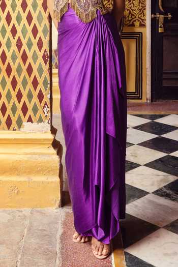Payal & Zinal_Purple Satin, Chanderi Silk Sweetheart Neck Bemburg Draped Skirt And Jacket Set _Online_at_Aza_Fashions