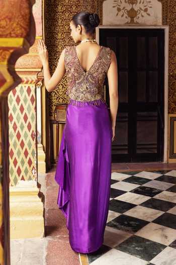 Shop_Payal & Zinal_Purple Satin, Chanderi Silk Sweetheart Neck Bemburg Draped Skirt And Jacket Set _at_Aza_Fashions