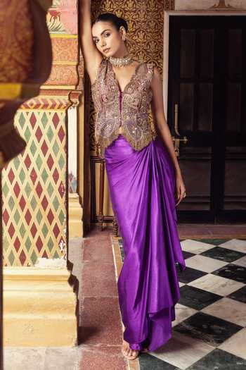 Buy_Payal & Zinal_Purple Satin, Chanderi Silk Sweetheart Neck Bemburg Draped Skirt And Jacket Set _Online_at_Aza_Fashions