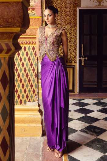 Shop_Payal & Zinal_Purple Satin, Chanderi Silk Sweetheart Neck Bemburg Draped Skirt And Jacket Set _Online_at_Aza_Fashions