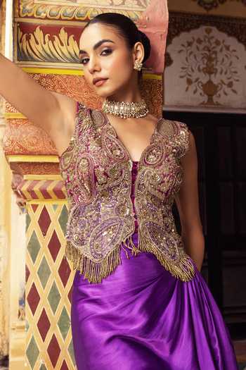 Payal & Zinal_Purple Satin, Chanderi Silk Sweetheart Neck Bemburg Draped Skirt And Jacket Set _at_Aza_Fashions