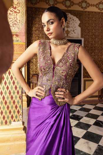 Buy_Payal & Zinal_Purple Satin, Chanderi Silk Sweetheart Neck Bemburg Draped Skirt And Jacket Set 