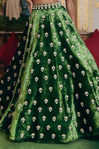 Payal & Zinal_Ivory Silk, Velvet Pearls Moh Gaji Corset And Lehenga _Online_at_Aza_Fashions