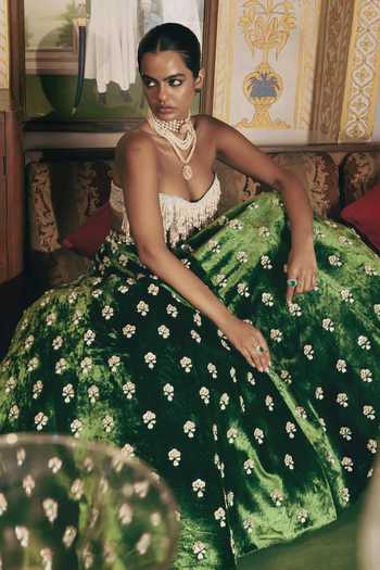 Buy_Payal & Zinal_Ivory Silk, Velvet Pearls Moh Gaji Corset And Lehenga _Online_at_Aza_Fashions
