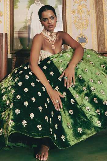 Shop_Payal & Zinal_Ivory Silk, Velvet Pearls Moh Gaji Corset And Lehenga _Online_at_Aza_Fashions