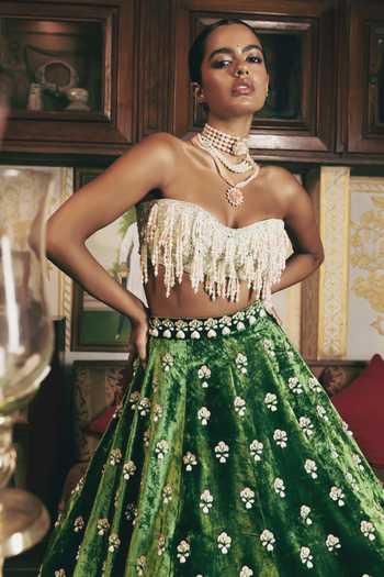 Payal & Zinal_Ivory Silk, Velvet Pearls Moh Gaji Corset And Lehenga _at_Aza_Fashions