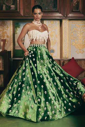 Buy_Payal & Zinal_Ivory Silk, Velvet Pearls Moh Gaji Corset And Lehenga 