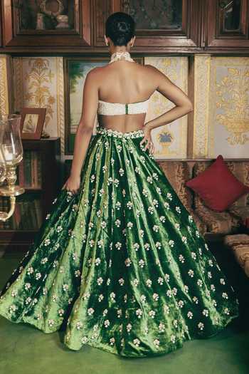 Shop_Payal & Zinal_Ivory Silk, Velvet Pearls Moh Gaji Corset And Lehenga _at_Aza_Fashions