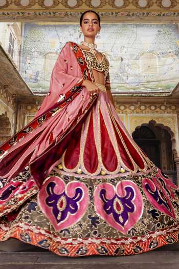 Payal & Zinal_Multi Color Silk, Velvet Sweetheart Neck Heer Sequin Work Lehenga Set _Online_at_Aza_Fashions