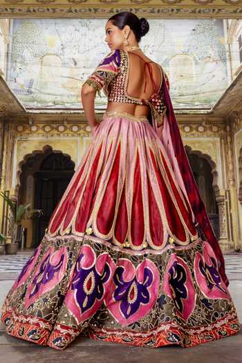 Shop_Payal & Zinal_Multi Color Silk, Velvet Sweetheart Neck Heer Sequin Work Lehenga Set _at_Aza_Fashions