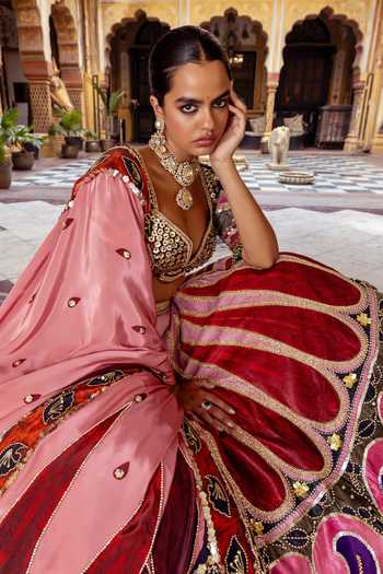Shop_Payal & Zinal_Multi Color Silk, Velvet Sweetheart Neck Heer Sequin Work Lehenga Set _Online_at_Aza_Fashions