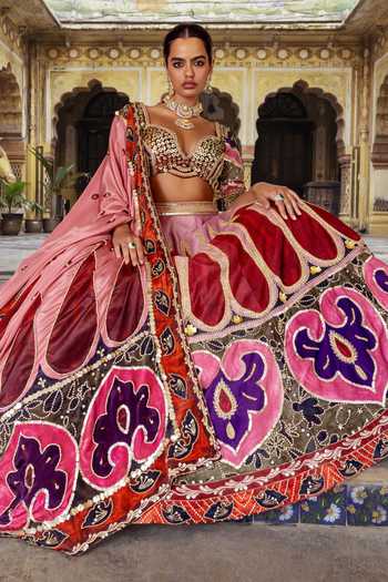 Payal & Zinal_Multi Color Silk, Velvet Sweetheart Neck Heer Sequin Work Lehenga Set _at_Aza_Fashions