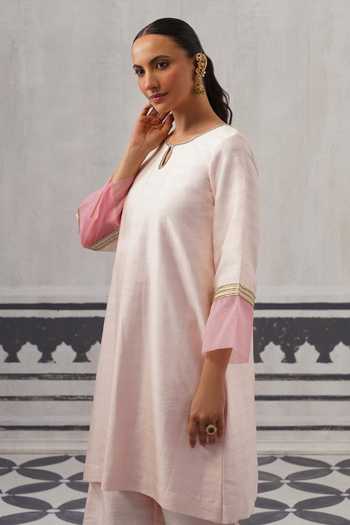 Palak & Mehak_Pink Round , Keyhole Soft Straight Kurta And Pant Set _Online_at_Aza_Fashions