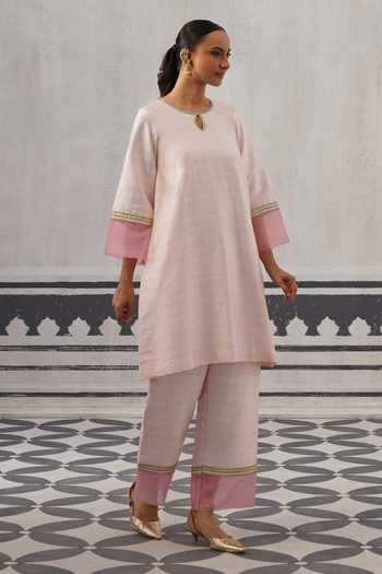 Buy_Palak & Mehak_Pink Round , Keyhole Soft Straight Kurta And Pant Set _at_Aza_Fashions