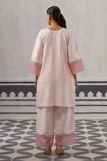 Shop_Palak & Mehak_Pink Round , Keyhole Soft Straight Kurta And Pant Set _at_Aza_Fashions