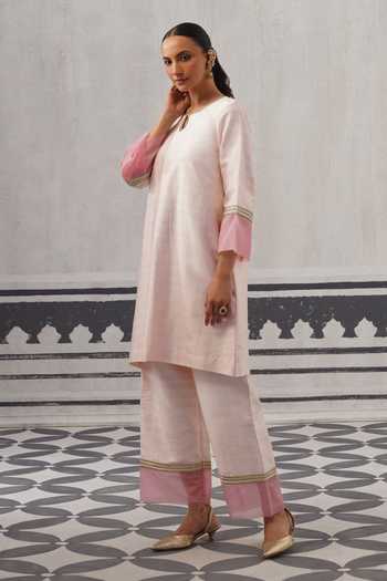 Buy_Palak & Mehak_Pink Round , Keyhole Soft Straight Kurta And Pant Set _Online_at_Aza_Fashions